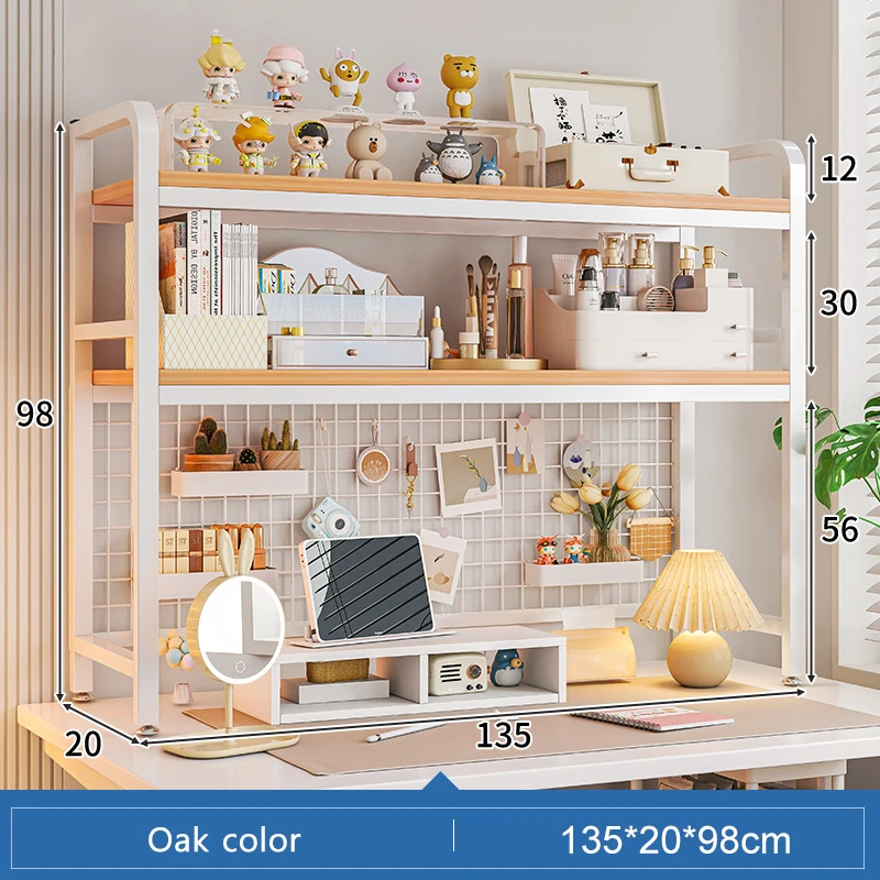 Bookshelf Bookcase With Grid Desktop Multi-layer Wrought Iron Shelf Student Computer Desk Table Hole Board Table Wooden Shelves - Image 11