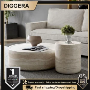 Round Faux Marble Coffee Table ,Travertine Textured Tables Fiberglass Center Side Tables for Living Room Office, Coffee Table