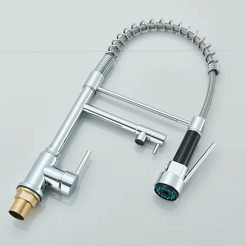 Black/Silver Kitchen Faucet with Pull-Down Sprayer, Deck Mount Hot and Cold Water Mixer Faucet, Dual Spout Faucet, Crane - Image 3