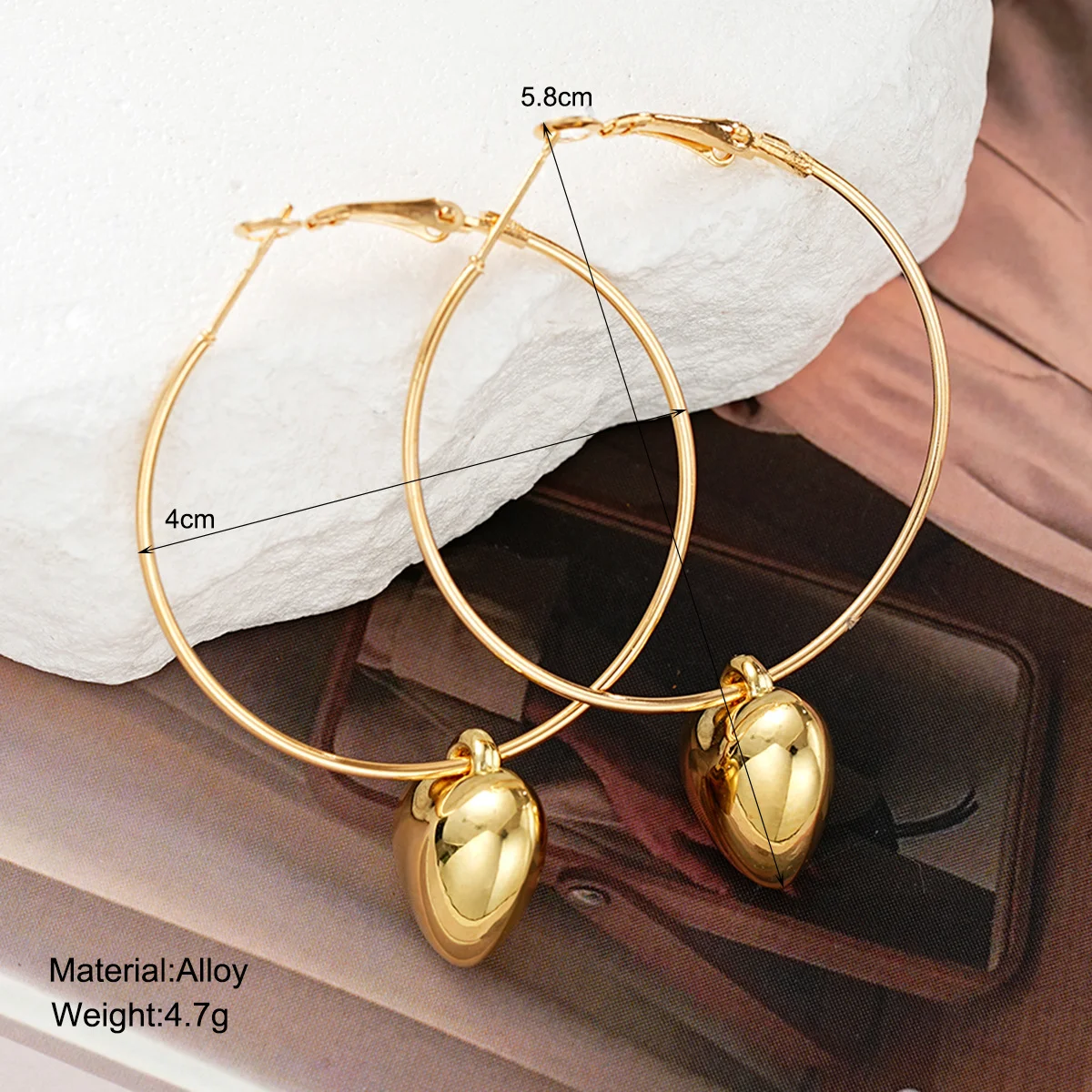 2024 New Heart Pendant Drop Earrings for Women Fashion Gold Color Design Exaggerate Big Circle Hoops Earring Korean Jewelry Gift - Image 5