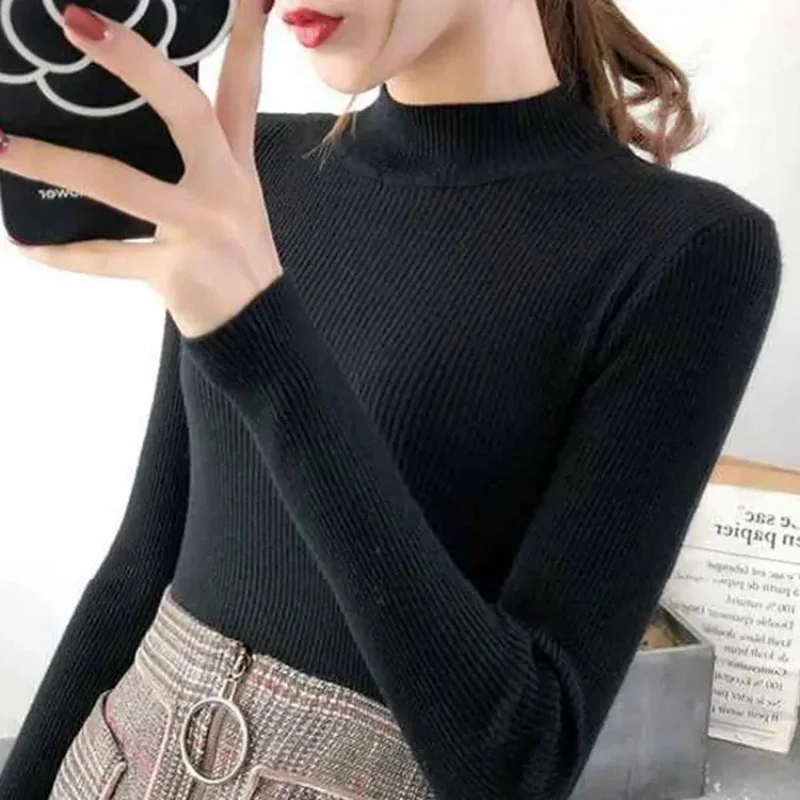 Autumn Winter Mock Neck Women Sweater Vintage Basic Solid Knitted Tops Casual Slim Pullover Korean Sweaters Simple Chic Jumpers - Image 5