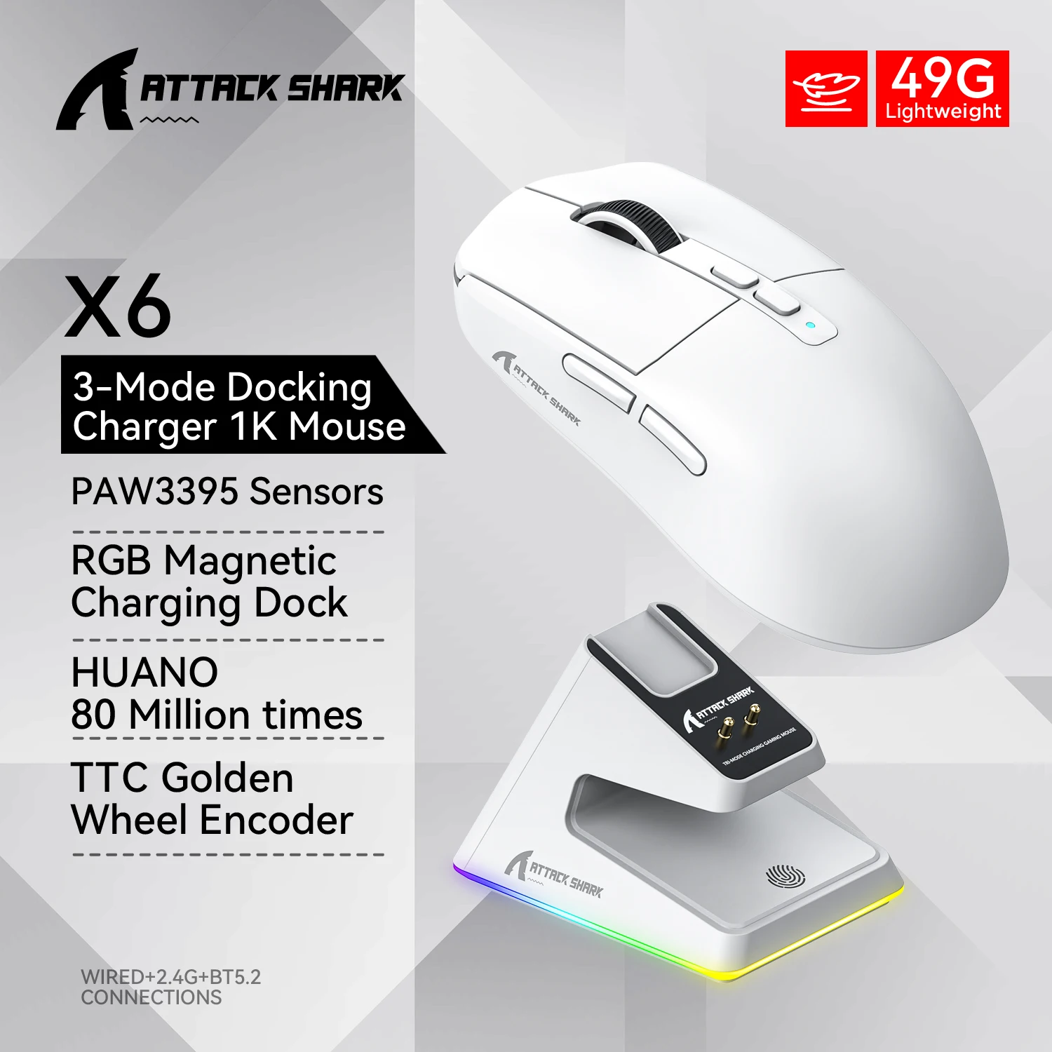 Attack shark X6 Bluetooth Mouse,PAW3395,2.4 Tri-Mode Connection, RGB Touch Magnetic Charging Base, Macro Gaming Mouse