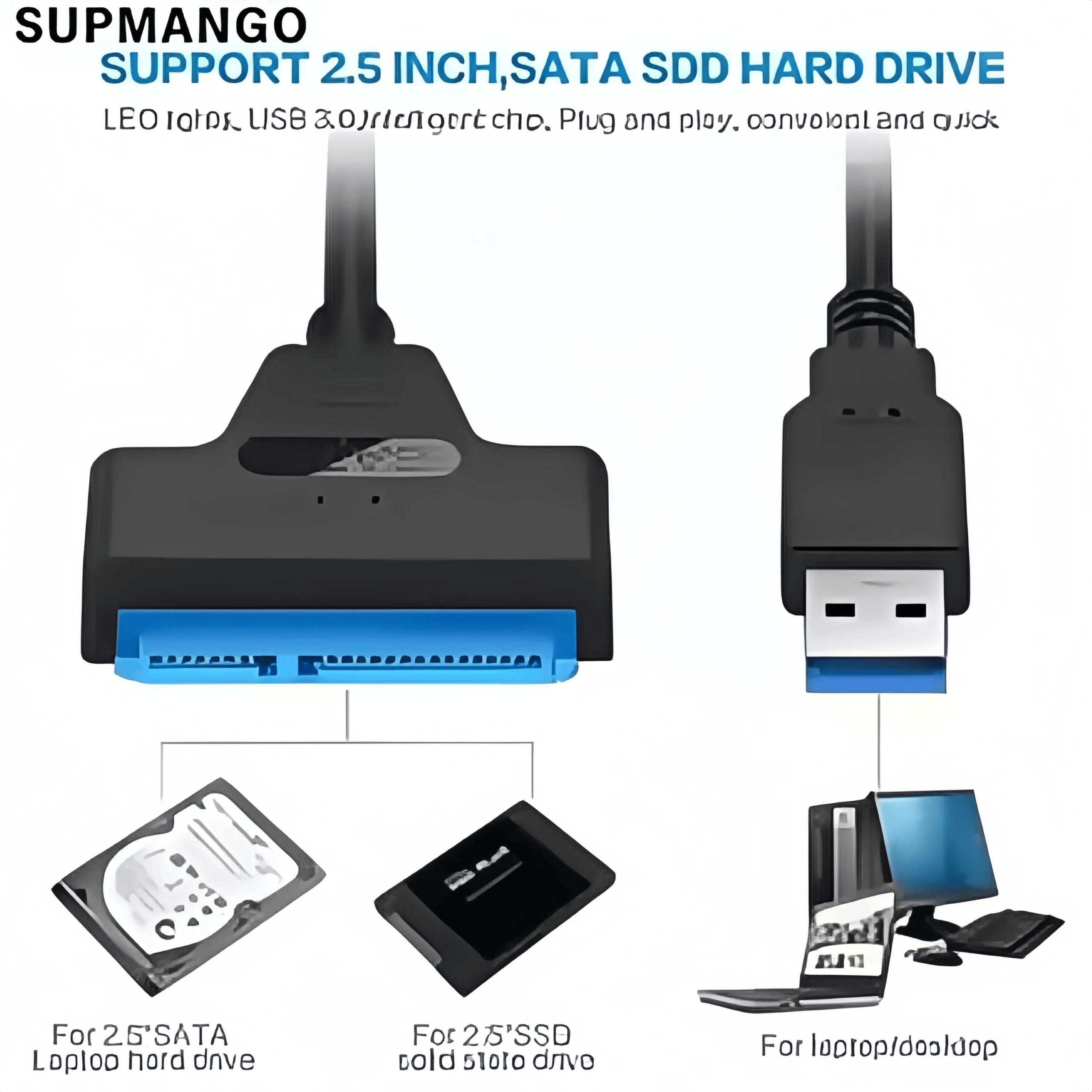 USB 3.0 to SATA III Adapter Cable - 6Gbps 2.5" HDD/SSD Converter with 22-Pin Connector for Laptop/PC (Plug & Play)