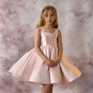 Kids Princess Satin Crystals Pearls Flower Girl Dress Children First Communion Dress Ball Gown Wedding Party Dress Birthday Show