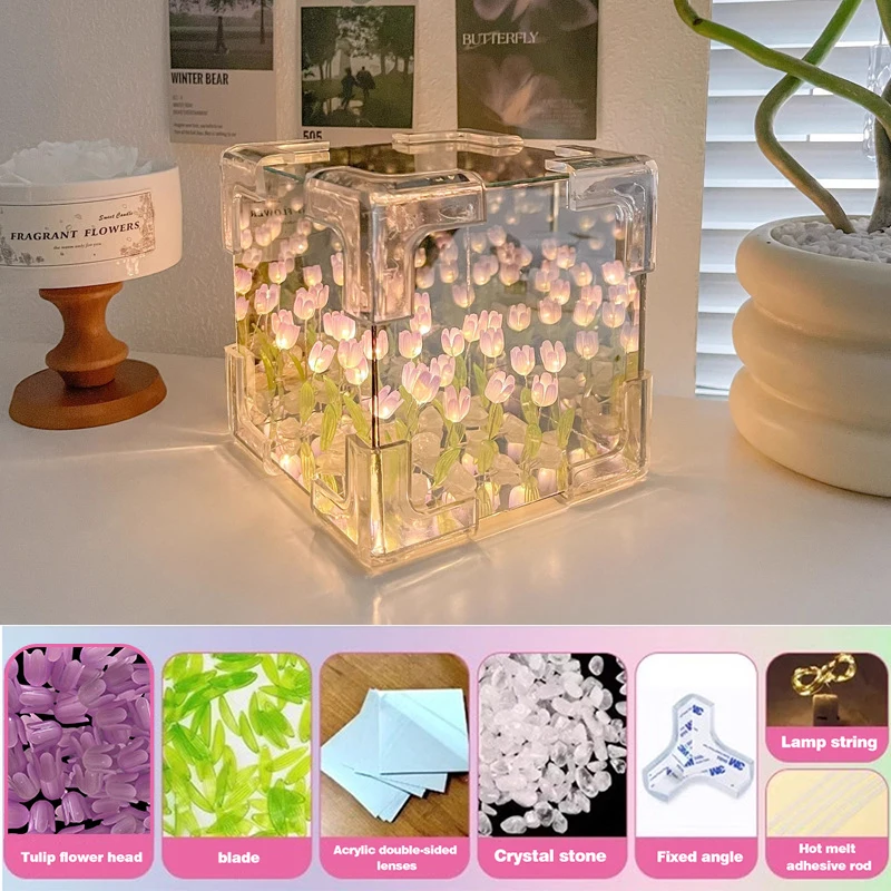 Creative Diy Tulip Flower Sea Cube Three-Dimensional Small Night Lamp Material Package for Girlfriend Couple Girlfriends - Image 9