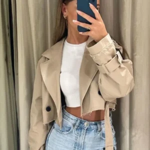 2024 Belt Cropped Trench Spring Jacket Women Vintage Streetwear Double Breasted Long Sleeve Top Female Coat Outfits