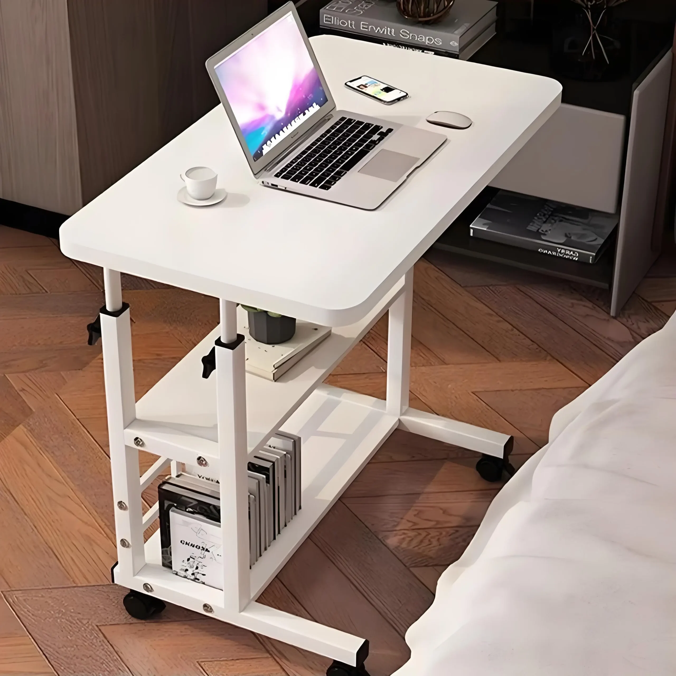 Double-Layer Office Desk Movable Bedside Computer Lazy Table with storage shelf Laptop white Bedroom Desk lift table furniture - Image 4