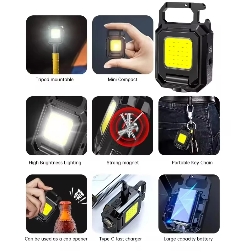 Flashlight Mini Keychain Light COB Work Light USB Rechargeable Lamp with 90° Foldable Side Lights Super Bright Portable Lanterns - Image 6