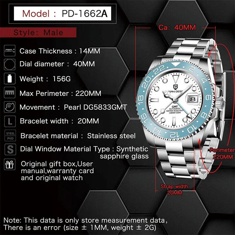 PAGANI DESIGN PD-1662 Luxury GMT Men Mechanical Wristwatch Sapphire Glass Stainless Steel 100M Waterproof Automatic Watches - Image 6