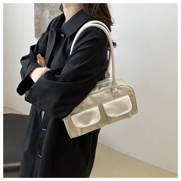 Retro Women's Satchel Hobo Bag PU Leather Shopping Bag Fashion Solid Designer Armpit Bag Casual Double Pocket Hand Underarm Bag - Image 4