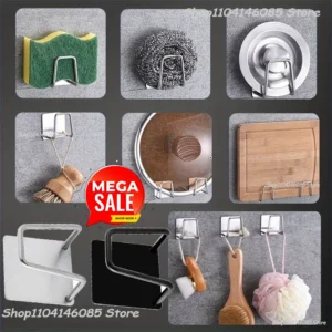 Kitchen 304Stainless Steel Sink Shelf Sponges Storage Holde Adhesive Drain Drying Rack Wall Hooks Storage Organizer Accessories