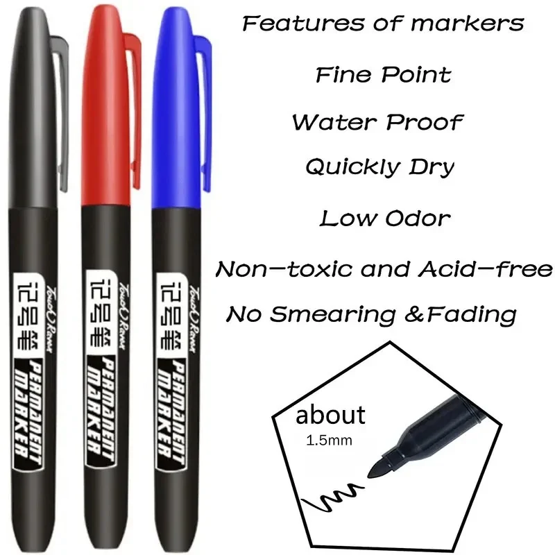 Permanent Marker Pen Drawing Markers Black Blue Red Waterproof Ink Sketch Pens Stationery Art School Supplies For Glass Metal - Image 2