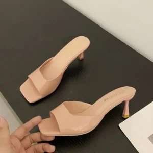 Women's Nude - Pink Patent Leather Square - Toe Mule Heels - Elegant & Stylish