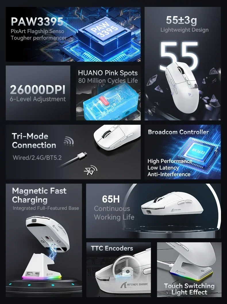 Attack shark X6 Bluetooth Mouse,PAW3395,2.4 Tri-Mode Connection, RGB Touch Magnetic Charging Base, Macro Gaming Mouse - Image 2