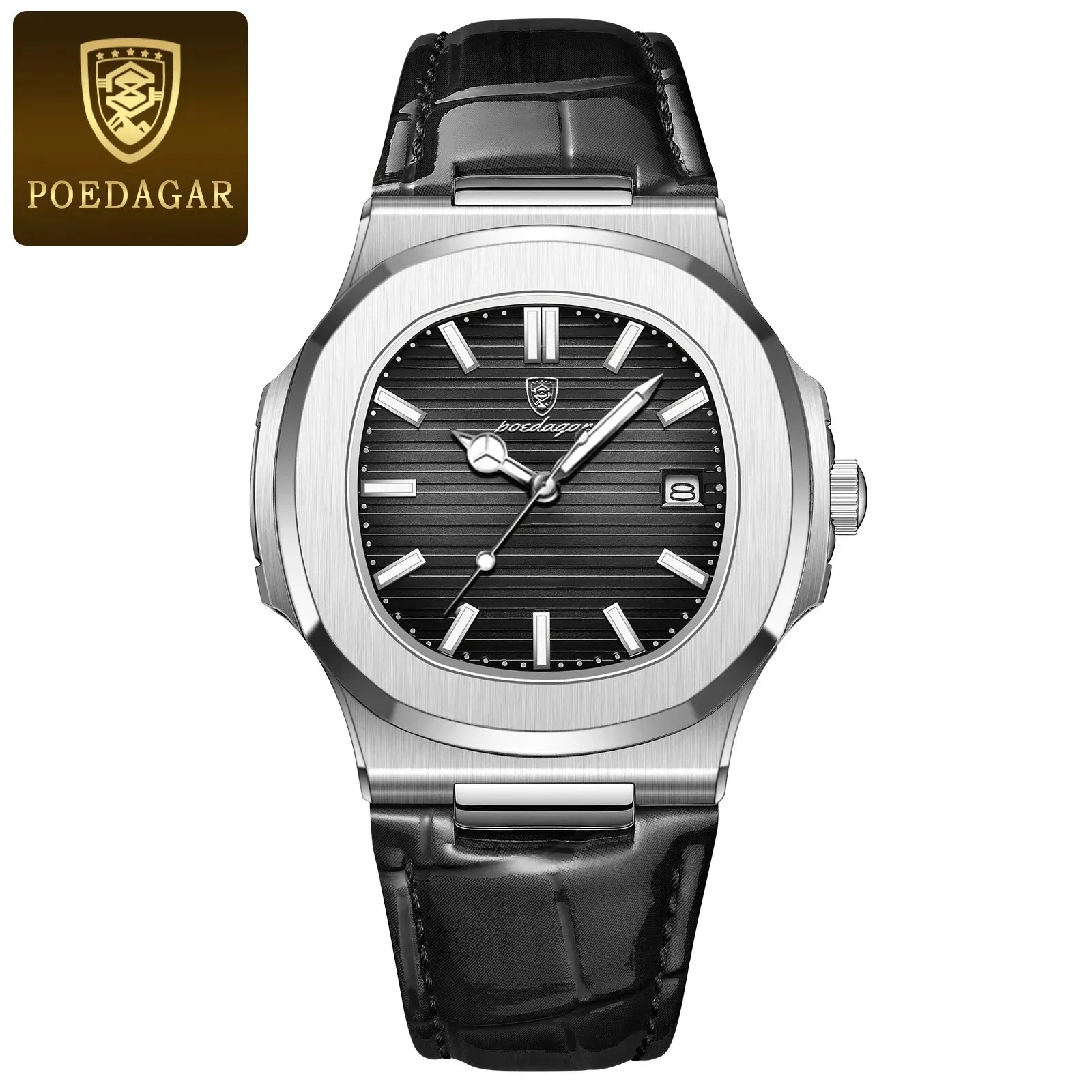 POEDAGAR Top Luxury Square Man Watch Date Waterproof Luminous Men Wristwatch High Quality Leather Men's Quartz Watches+Box Reloj - Image 8