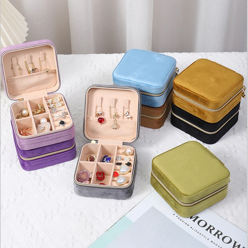 Velvet Jewelry Box For Women Necklace Ring Earrings Organizer Holder Travel Portable Zipper Square Jewelry Storage Case - Image 2