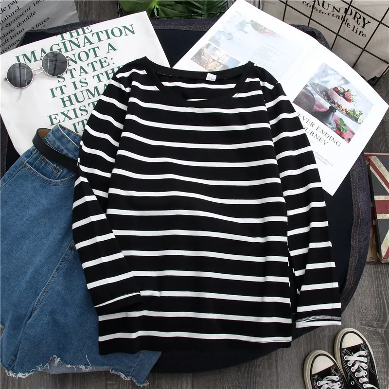1PC Spring and Autumn Winter Black Striped Top with Foreign Style Ins Bottom Shirt Women Long Sleeve T-shirt - Image 2