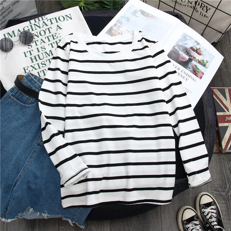 1PC Spring and Autumn Winter Black Striped Top with Foreign Style Ins Bottom Shirt Women Long Sleeve T-shirt - Image 3