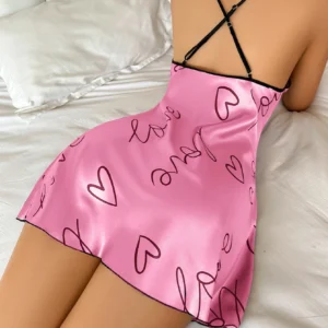 Women Summer Sexy Pajamas Sling Nightdress Open Back Criss Cross Sleep Dress Elegant Romantic Heart Print Sleeveless Sleepwear