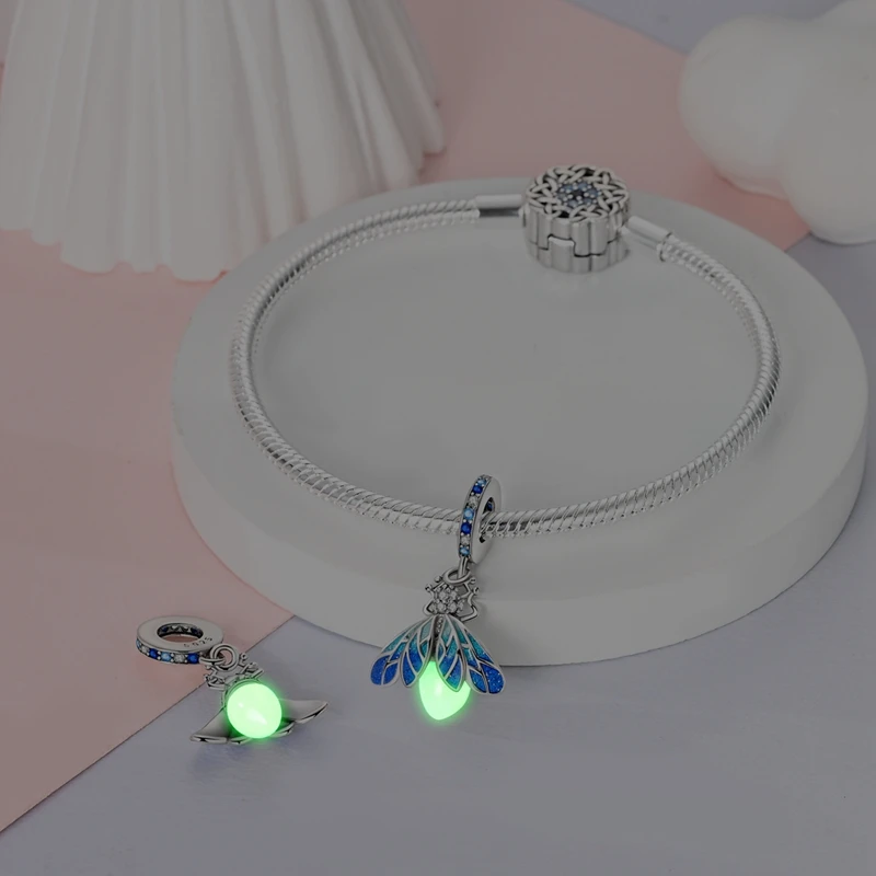 100% 925 Sterling Silver Creative Blue Luminous Firefly Charms Pendants Fit Qikaola 925 Original Bracelets DIY Birthday Jewelry - Image 2