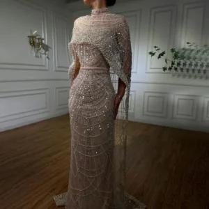 Serene Hill Nude Mermaid Long Cape Luxury Saudi Arabic Evening Dresses Gowns 2025 For Formal Occasion LA72032 Customized