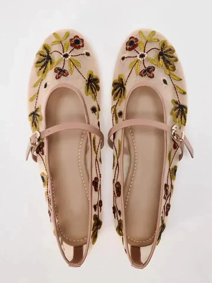 New Mesh Breathable Ballet Flats Women Luxury Designer Embroidered Flower Mary Jane Shoes Light Comfort Low Heeled Summer Flats - Image 3