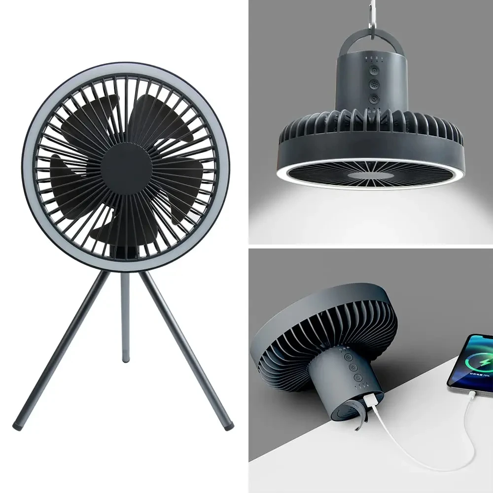 10000mAh Camping Fan Rechargeable Desktop Portable Circulator Wireless Ceiling Electric Fan with Power Bank LED Lighting