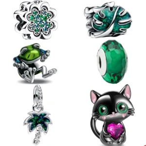 Original 925 Sterling Silver Green Coconut Tree Frog Clover Dangle Charm Beads Charms DIY Bangle Necklace Fine Jewellery Gift