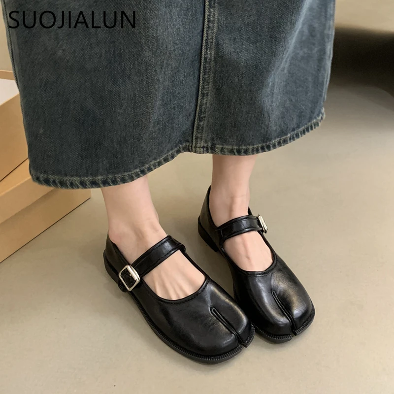 SUOJIALUN Autumn Women Flat Shoes Fashion Split Toe Flat Heel Laofer Shoes Shallow Soft Leather Casual Outdoor Mary Jane Shoes - Image 5