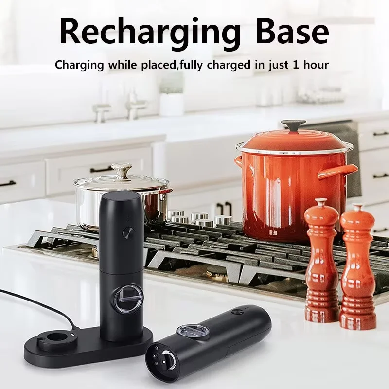 Electric Salt and Pepper Grinder Set with Charging Base and LED Light Adjustable Coarseness Automatic Spice Herb Mill - Image 3