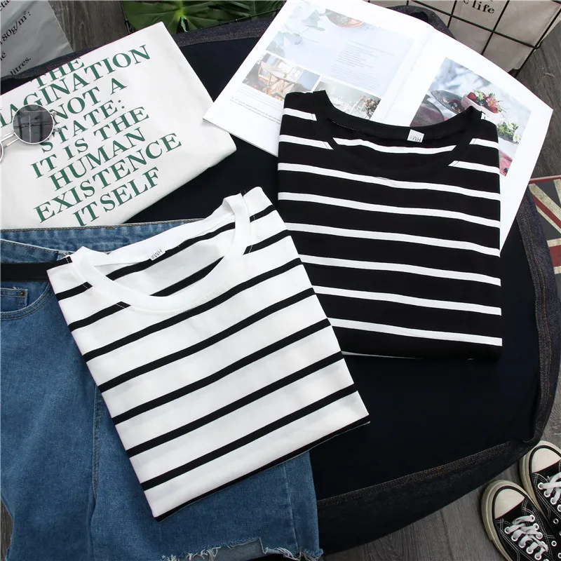 1PC Spring and Autumn Winter Black Striped Top with Foreign Style Ins Bottom Shirt Women Long Sleeve T-shirt - Image 4