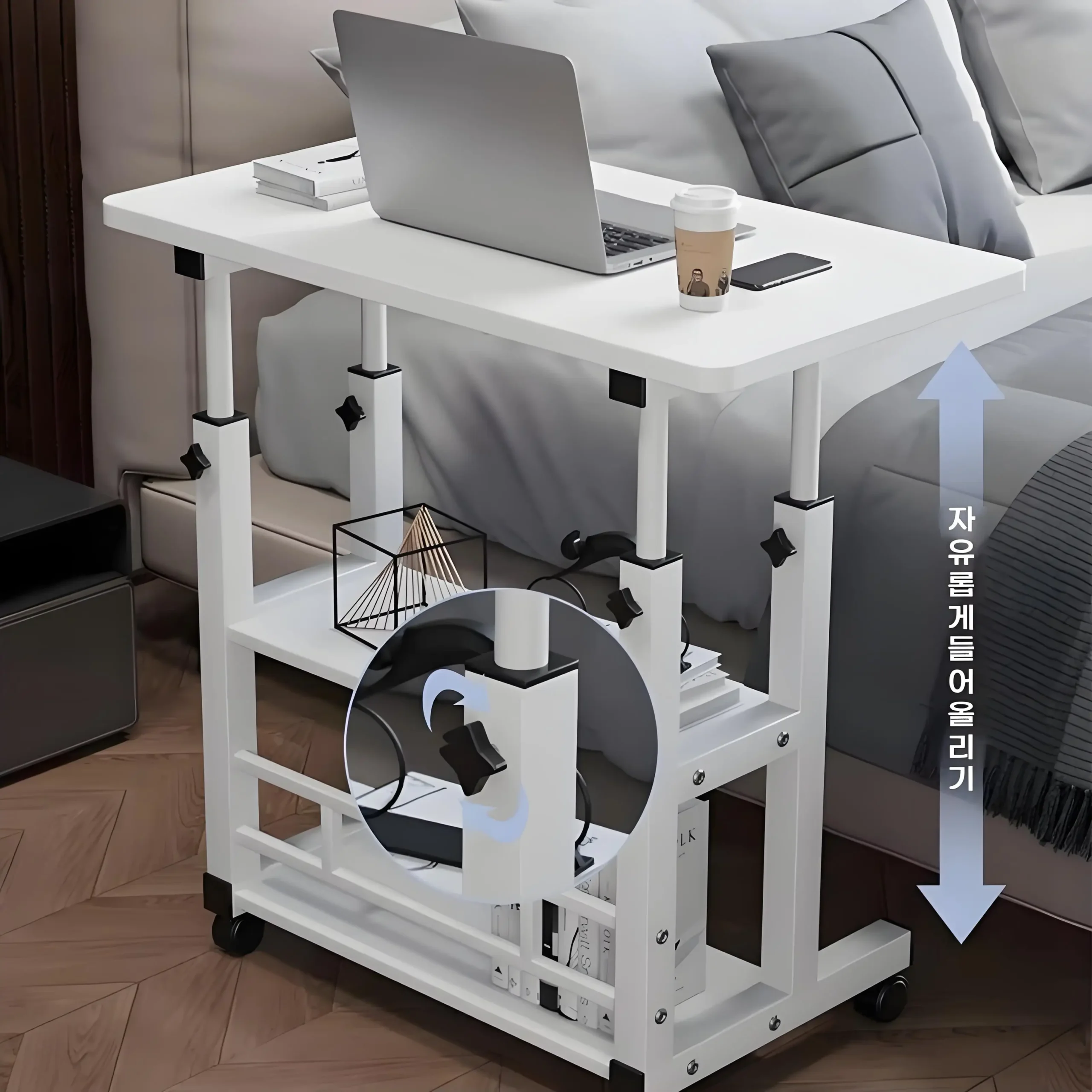 Double-Layer Office Desk Movable Bedside Computer Lazy Table with storage shelf Laptop white Bedroom Desk lift table furniture