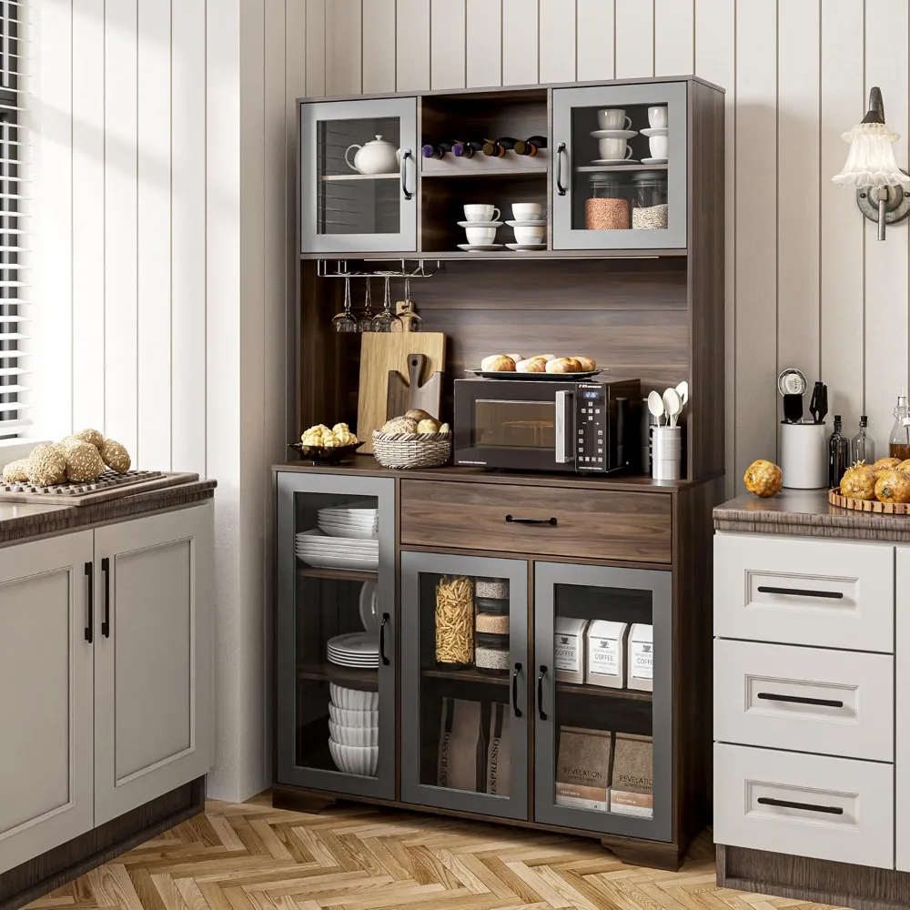 Pantry Cabinet, 71" Tall Coffee Bar Liquor Cabinet with Power Outlet & LED Lights, Kitchen Hutch Food Pantry with Microwave Stan - Image 3