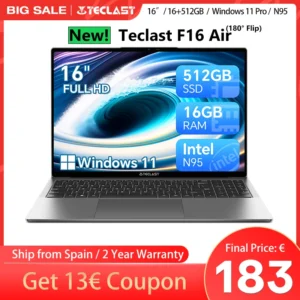 TECLAST F16 Air 16 inch laptop, Flip 180 degree, 16GB + 512GB, for Intel N95 CPU, Windows 11, mini HDMI, backlit keyboard