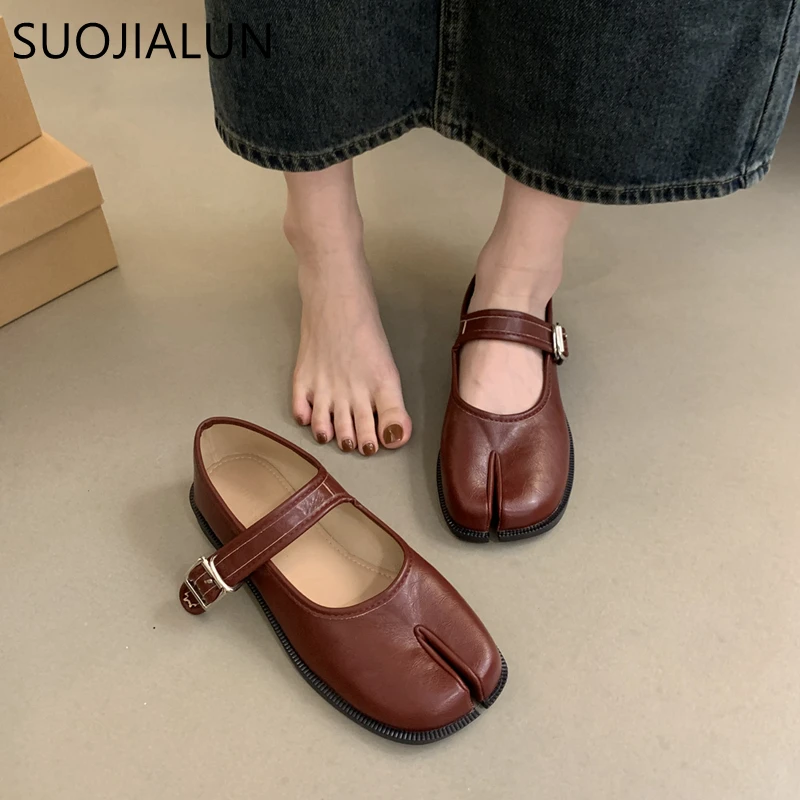 SUOJIALUN Autumn Women Flat Shoes Fashion Split Toe Flat Heel Laofer Shoes Shallow Soft Leather Casual Outdoor Mary Jane Shoes - Image 2