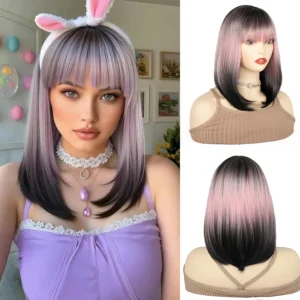 14 Inch Chic Short Straight Pink to Black Gradient Wig with Bangs Synthetic Hair for Women, Perfect for Party Daily Use