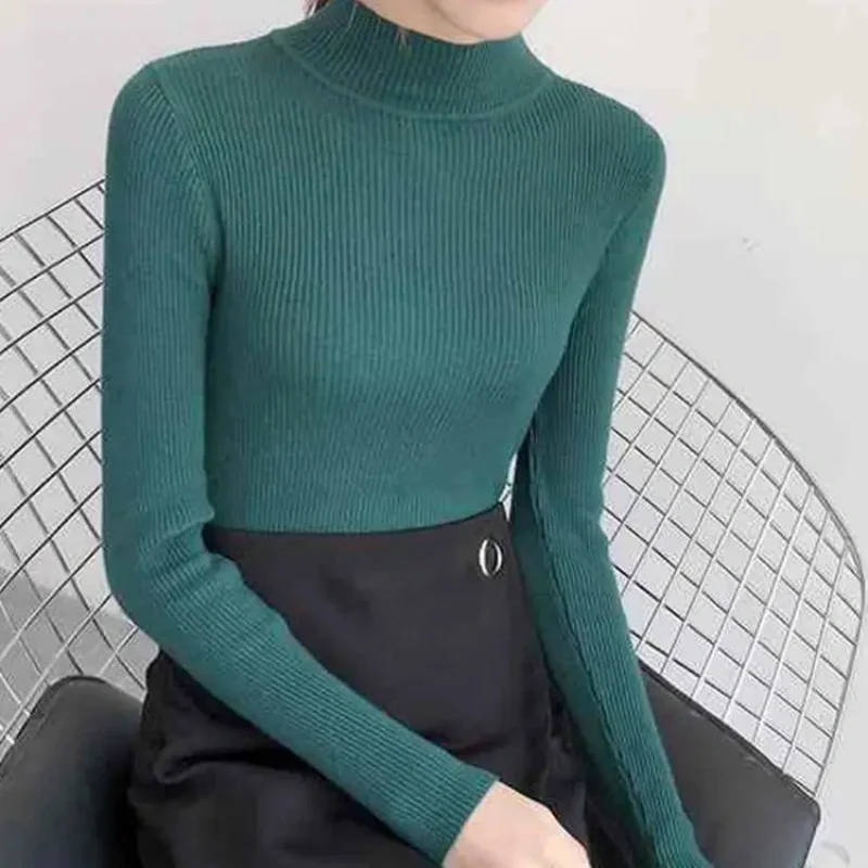 Autumn Winter Mock Neck Women Sweater Vintage Basic Solid Knitted Tops Casual Slim Pullover Korean Sweaters Simple Chic Jumpers - Image 11