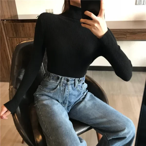 2024 Autumn Winter Thick Sweater Women Knitted Ribbed Pullover Sweater Long Sleeve Turtleneck Slim Jumper Soft Warm Pull Femme - 图片 2