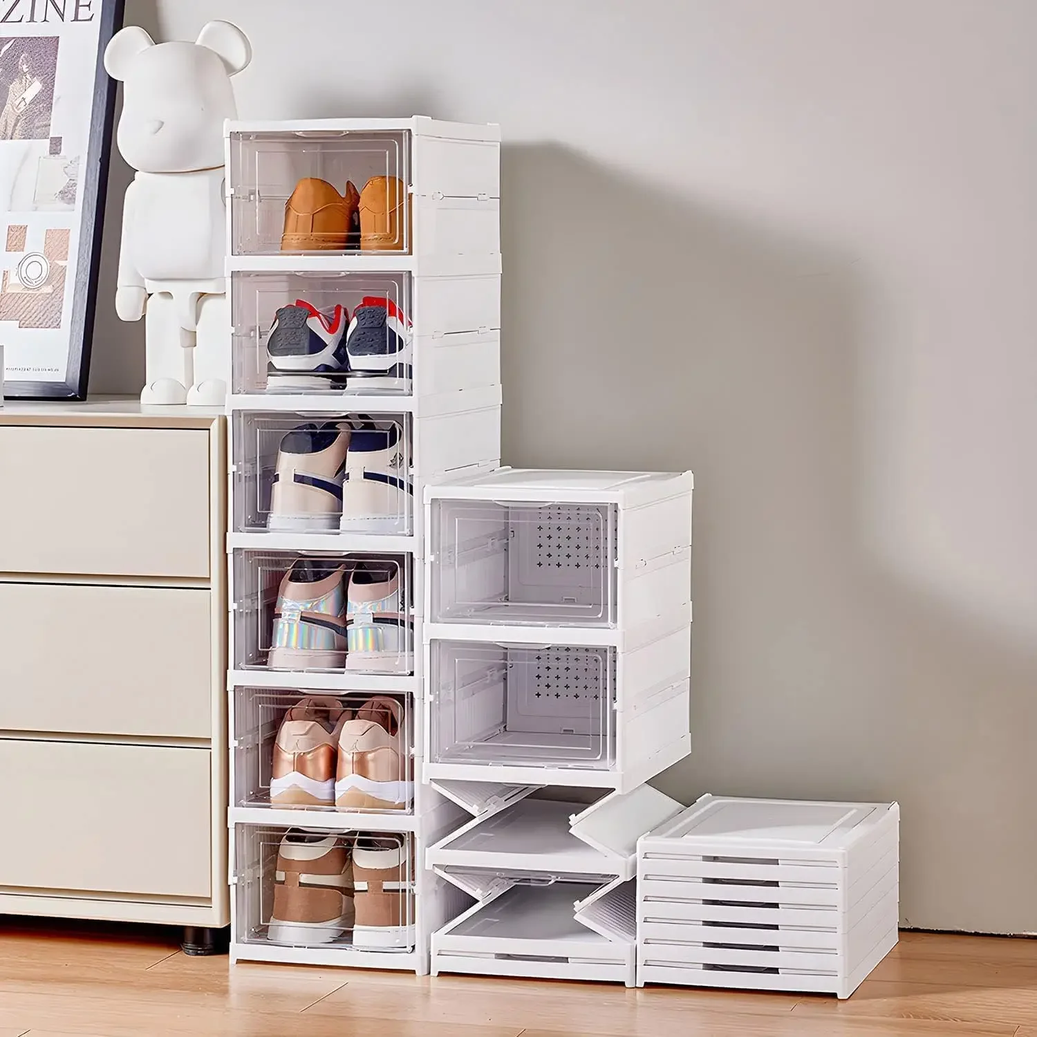 3/6 Layers Foldable Shoes Storage Box Transparent Sneaker Shoes Box Stackable Dustproof Cabinet Shoe Organizers Rack Shelf - Image 2