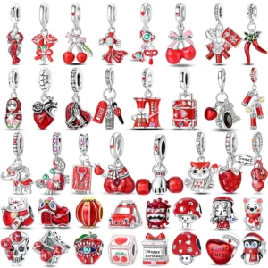 Original 925 Sterling Silver Red Charm Beads Red Wine Chili Dumbbell Pendant For Women Fit DIY Bracelet Birthday Jewelry Gift