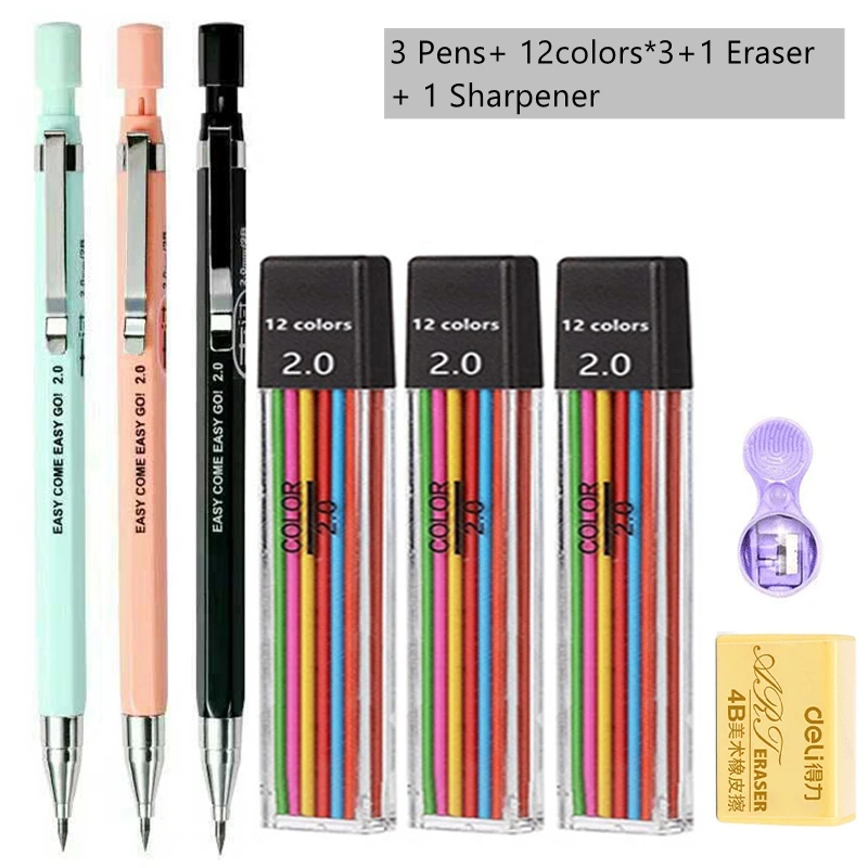 Mechanical Pencil Set 2.0 mm with 2B Black/Colors Lead Refill For Writing Sketching Art Drawing Painting School Automatic Pencil - Image 2