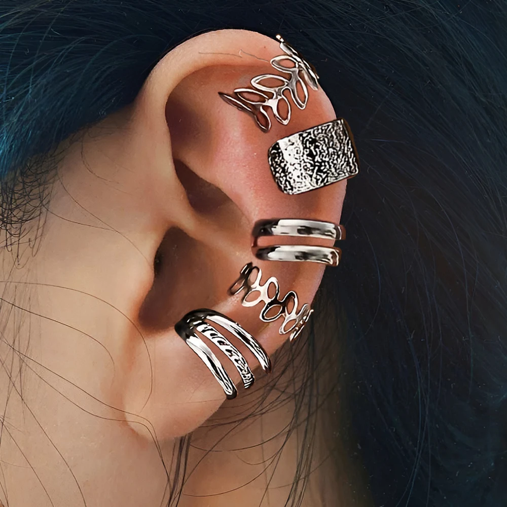 5-15pcs Simple Vintage Metal Clip Earrings Set for Women Teens Casual Hollow Leaf Fake Piercing Earring Jewelry Accessories Gift - Image 4