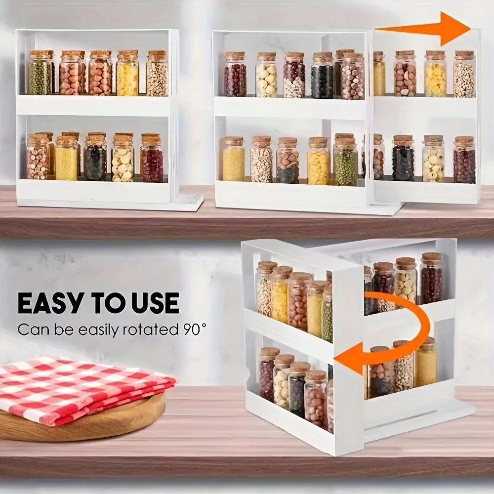 Extendable Spice Rack 2-Tier Rotating Organizer Adjustable Space Saving for Kitchen Cabinet Countertop Seasoning Storage Shelf - Image 5