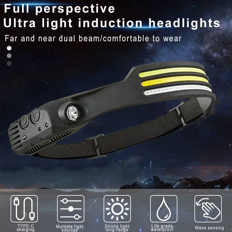 COB LED Sensor Head Lamp Induction Headlamp Built-in Battery Flashlight USB Rechargeable Head Torch 5 Lighting Modes Headlight - Image 4