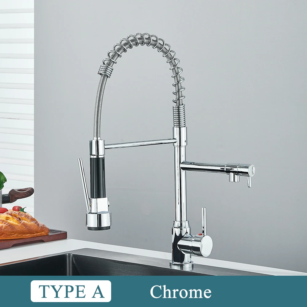Black/Silver Kitchen Faucet with Pull-Down Sprayer, Deck Mount Hot and Cold Water Mixer Faucet, Dual Spout Faucet, Crane - Image 8