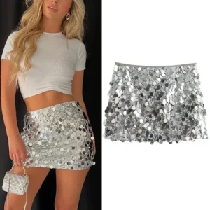 Silver Sequin Skirt Woman High Waist Mini Skirt Woman Fashion Shiny Glitter Elegant Short Skirts For Women Y2k Skirts
