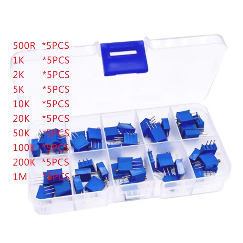 10 kinds of 50pcs 3296W multi-turn precision adjustable resistor trimmer potentiometer ESC kit 500R/1K/2K/5K/10K/20K/50K/100K/1M - Image 2