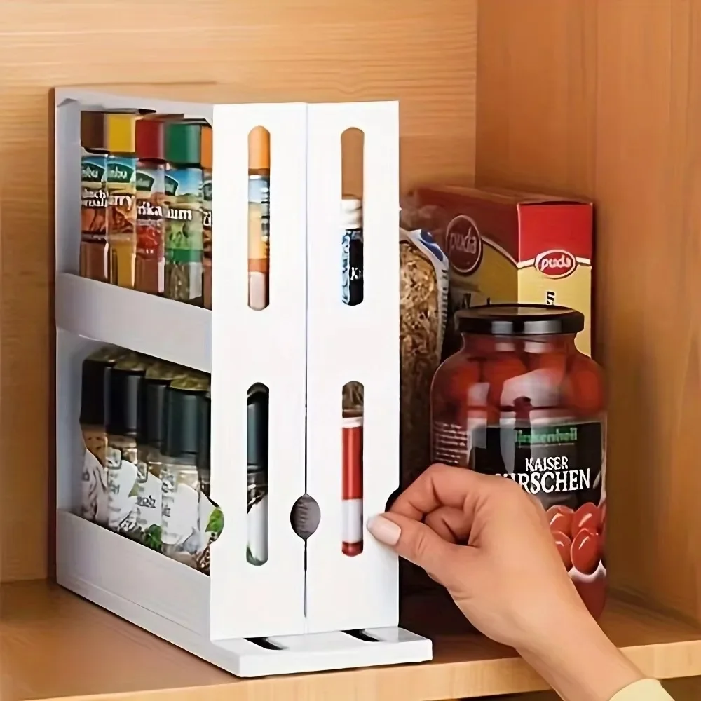 Extendable Spice Rack 2-Tier Rotating Organizer Adjustable Space Saving for Kitchen Cabinet Countertop Seasoning Storage Shelf