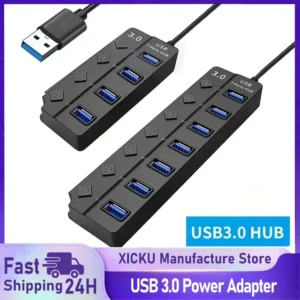 4/7-Port USB 3.0 Hub with LED Indicator Independent Switch Control for Laptop Flash Drive Hard Disk Printer Camera Keyboard