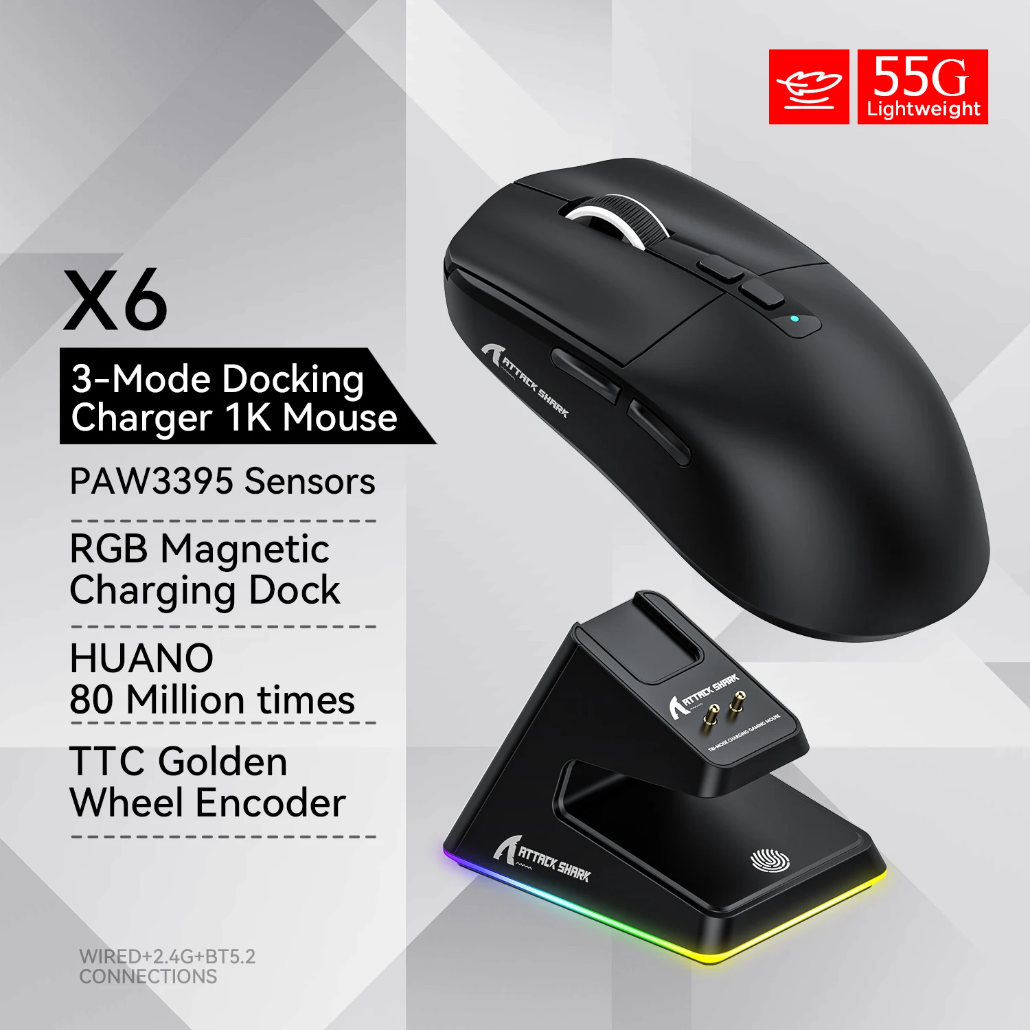Attack shark X6 Bluetooth Mouse,PAW3395,2.4 Tri-Mode Connection, RGB Touch Magnetic Charging Base, Macro Gaming Mouse - Image 9
